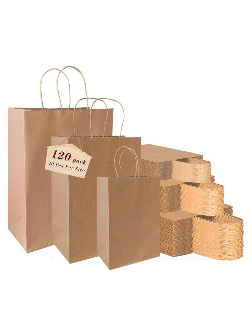 120 Pack Kraft Paper Gift Bags with Handles 3 Assorted Sizes Party Retail